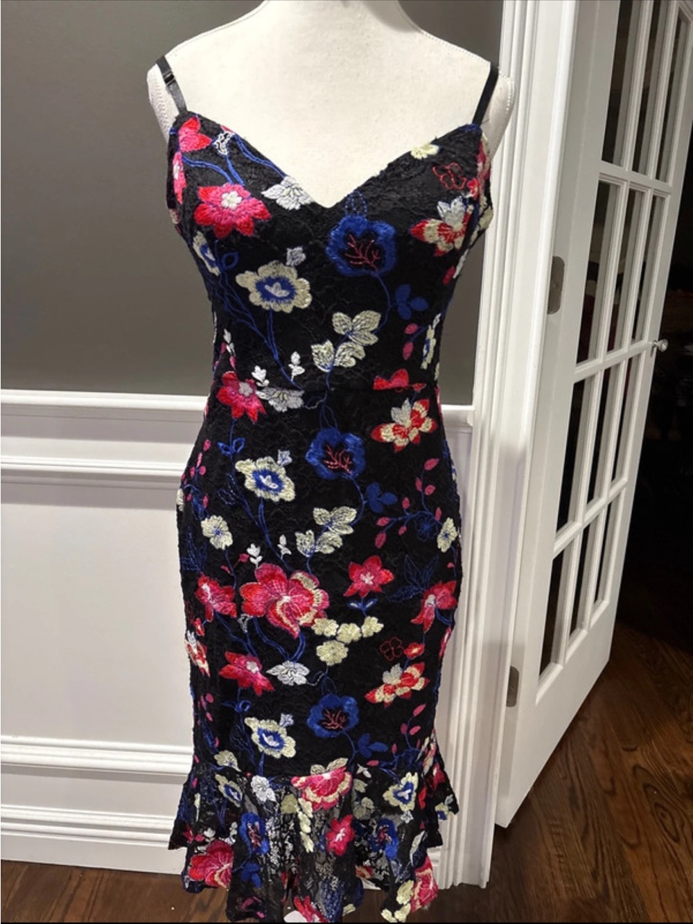Guess Black Lace Midi Dress with Pink, Blue and Cream Floral Embroidery